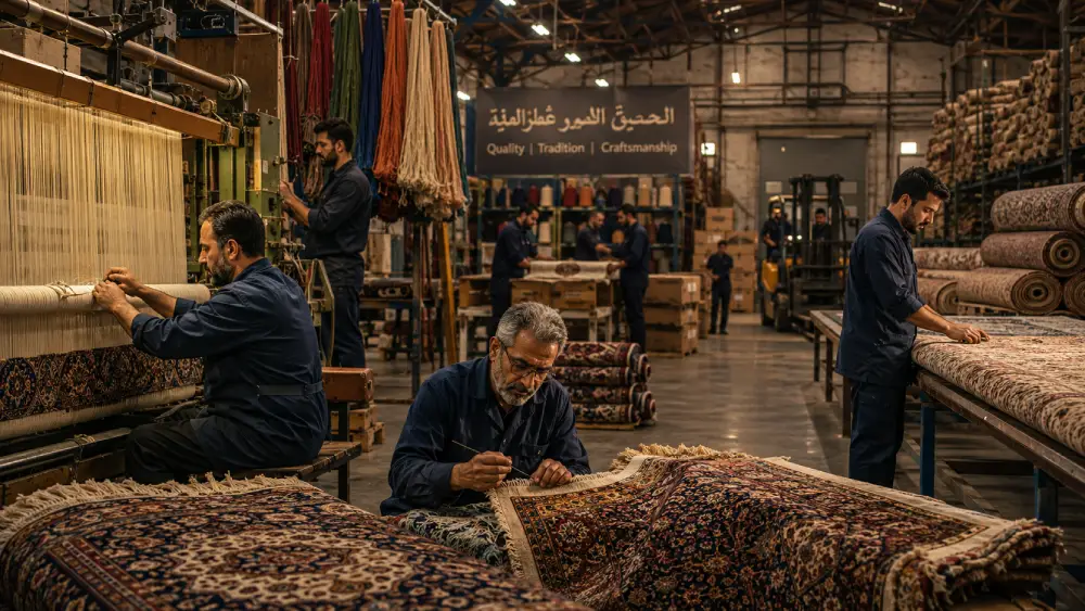 عمالة ماهرة داخل مصنع سجاد تقوم بتشغيل الماكينات وفحص السجاد اليدوي والصناعي داخل بيئة إنتاج احترافية.