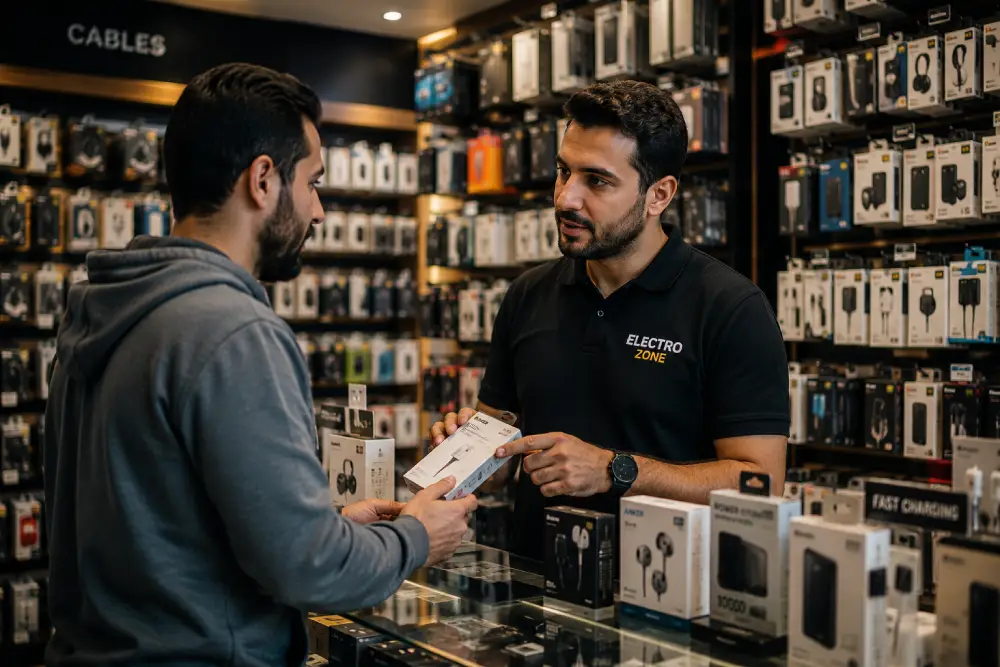 موظف داخل محل بيع الأدوات الإلكترونية يشرح للعميل مواصفات أحد المنتجات ويساعده في اختيار القطعة المناسبة.