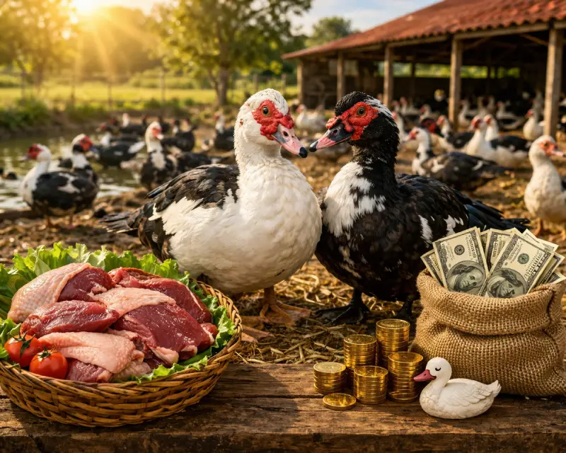 مزرعة بط مسكوفي تضم مجموعة من البط المسكوفي في بيئة تربية طبيعية