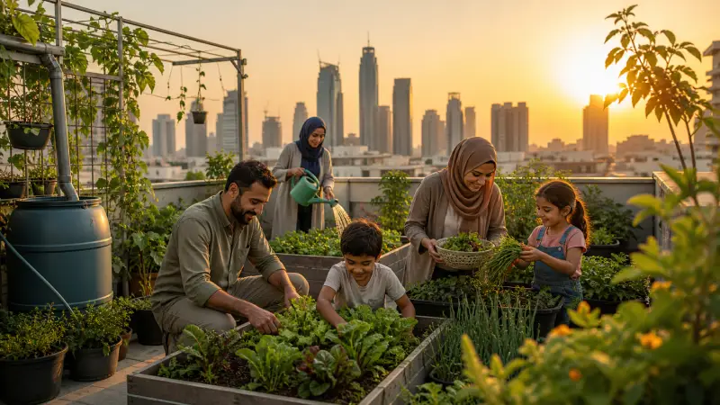 أسرة تعتني بحديقة خضراء فوق سطح مبنى في مدينة عربية وقت الغروب، مع أحواض زراعة مليئة بالخضروات والأعشاب وخلفية حضرية دافئة.