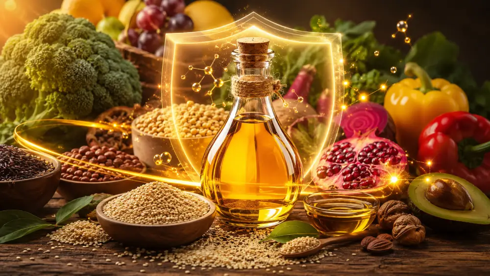 زجاجة زيت السمسم محاطة ببذور السمسم وأطعمة صحية غنية بمضادات الأكسدة