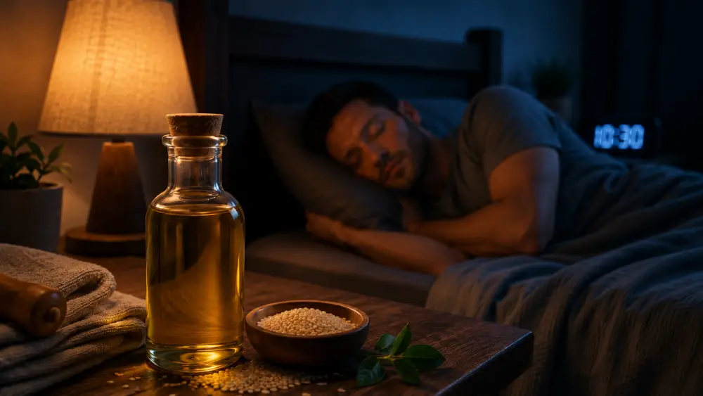 رجل نائم بهدوء بجوار زجاجة زيت السمسم في أجواء ليلية مريحة تساعد على الاسترخاء