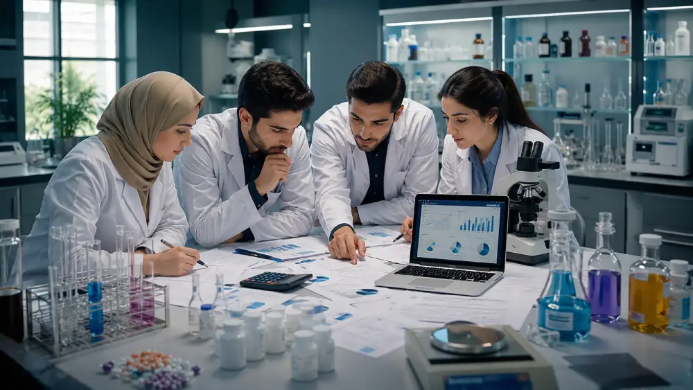 فريق من طلاب الصيدلة يراجع دراسة جدوى مشروع التخرج داخل مختبر حديث باستخدام التقارير والأجهزة المعملية.