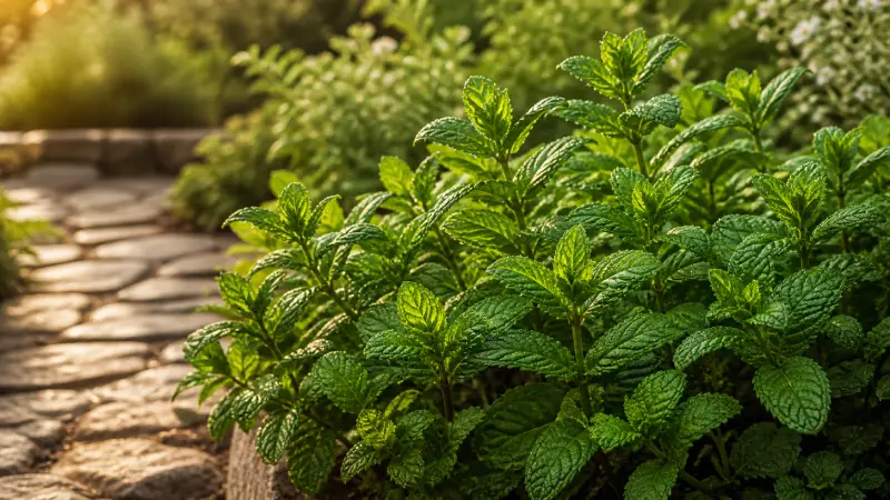 نبات النعناع العطري والطبي بأوراقه الخضراء الزاهية على جانب ممر حجري داخل حديقة طبيعية بإضاءة ذهبية دافئة.