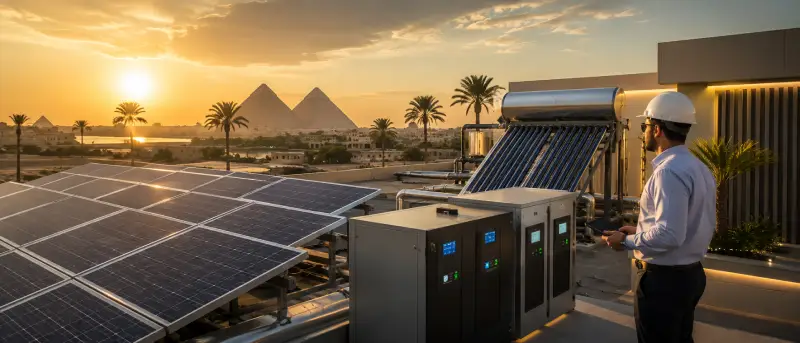 مهندس يتفقد نظام طاقة شمسية متكامل يضم ألواحًا شمسية وسخانًا شمسيًا ووحدات تحكم حديثة في مشهد سينمائي يعبر عن التميز في مشروع الطاقة الشمسية.