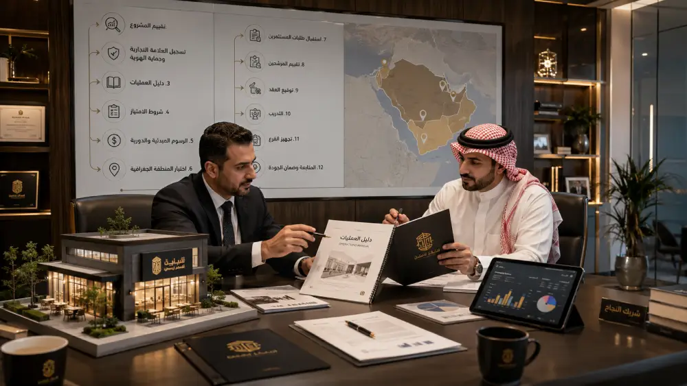 اجتماع عمل احترافي يوضح خطوات نظام الامتياز التجاري، مع مناقشة العقود ودليل التشغيل وخريطة التوسع الجغرافي وبيانات الأداء.