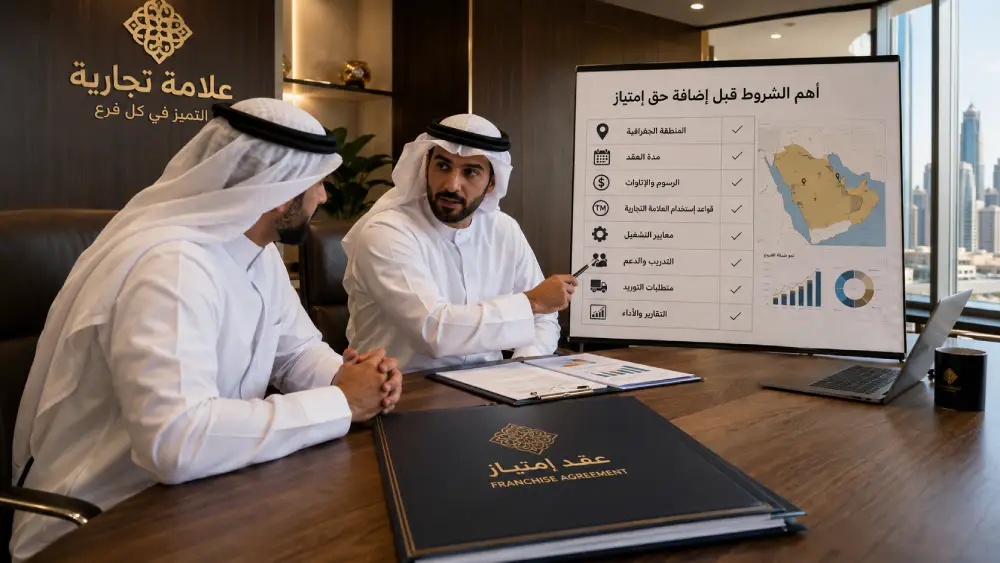 اجتماع عمل لمراجعة شروط إضافة حق امتياز تجاري، مع مناقشة عقد الامتياز والمنطقة الجغرافية والرسوم ومعايير التشغيل وحماية العلامة التجارية.