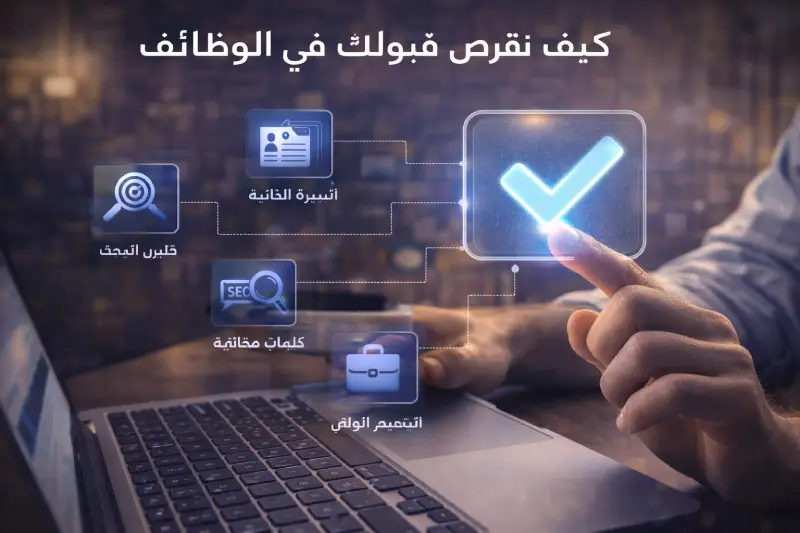 صورة احترافية لشخص يستخدم اللابتوب أثناء التقديم على الوظائف مع رمز النجاح، تعبر عن زيادة فرص القبول في الوظائف.