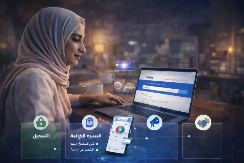 باحثة عن عمل محجبة تستخدم اللابتوب للبحث عن وظائف عبر موقع بيت دوت كوم في مشهد احترافي سينمائي يعبر عن رحلة التوظيف الرقمية.